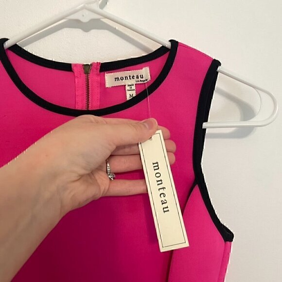 NEW NWT MONTEAU Neon Pink w/ Black Trim Sleeveless Mini Scuba Fit & Flare Dress - Picture 6 of 14